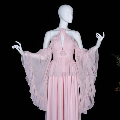 Romantic Pink Chiffon Gown with Rosettes & Angel Sleeves