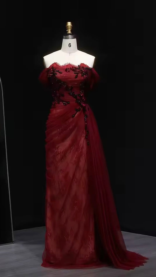 Red Evening Gown with Draped Tulle and Black Embroidery