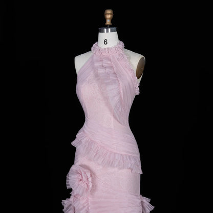 Blush Pink Halter Gown with Pleated Ruffled Cascades & Lace