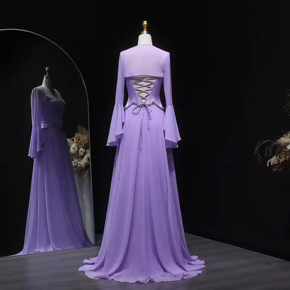 Lavender dress with flowy sleeves and soft crystal embroidery