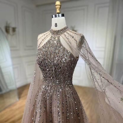 High-Neck Evening Gown with Sparkling Tulle Cape