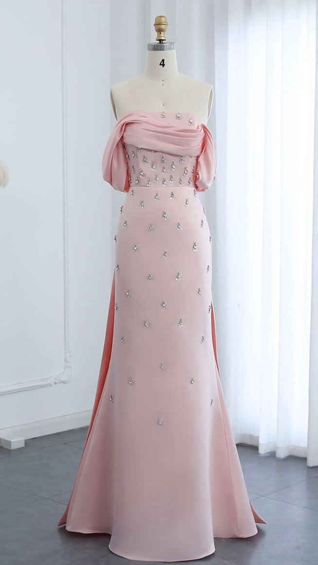 Luxury Baby Pink Off Shoulder Evening Dress