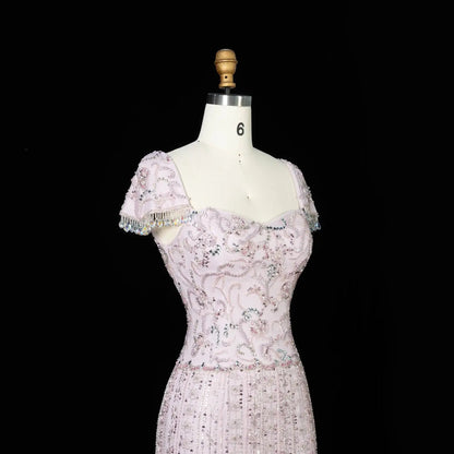 Royal Evening Gown with Cascading Crystal Beads and Floral Patterns