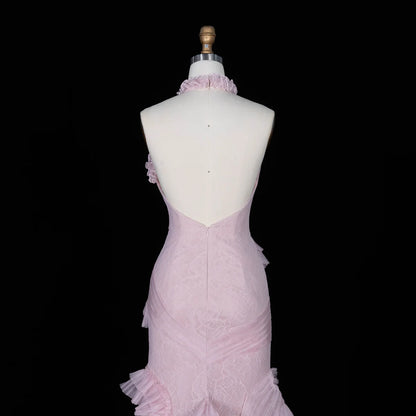 Blush Pink Halter Gown with Pleated Ruffled Cascades & Lace