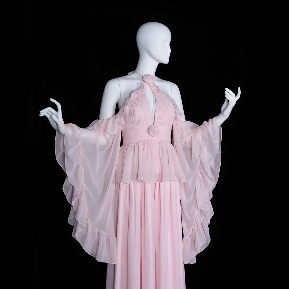 Romantic Pink Chiffon Gown with Rosettes & Angel Sleeves