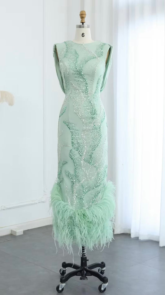 Luxury Feathers Sage Green Elegnt Evening Dress