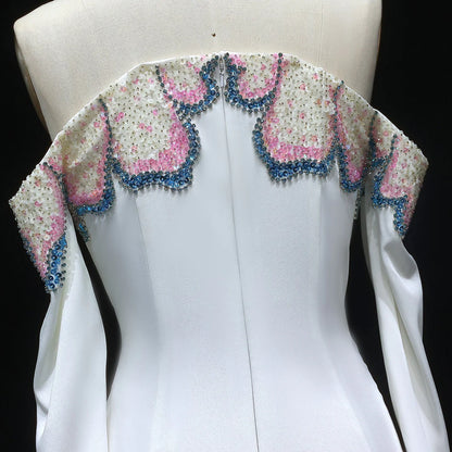 “Petal Edge” Sleek Gown with Off-Shoulder Sleeves and Crystal Floral Embroidery