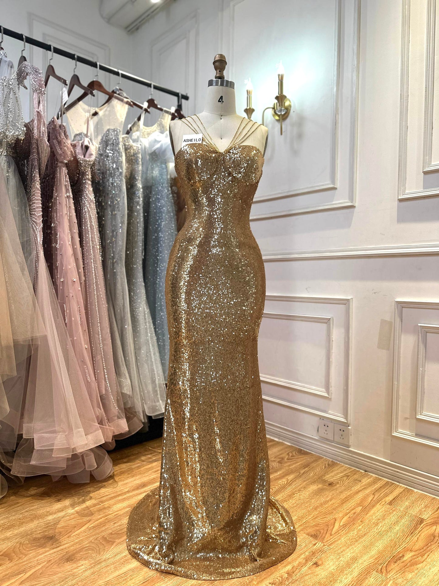 Golden Sequin Mermaid Gown with Beaded Straps