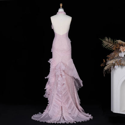 Blush Pink Halter Gown with Pleated Ruffled Cascades & Lace