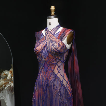 “Sunset Glow” Gown Hand Embroidered Luxury Dress in Violet & Fire Tones with Flowing Cape