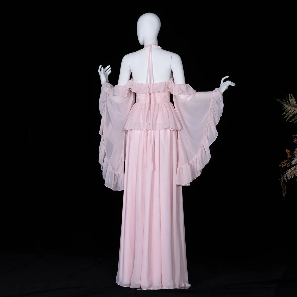 Romantic Pink Chiffon Gown with Rosettes & Angel Sleeves