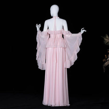 Romantic Pink Chiffon Gown with Rosettes & Angel Sleeves