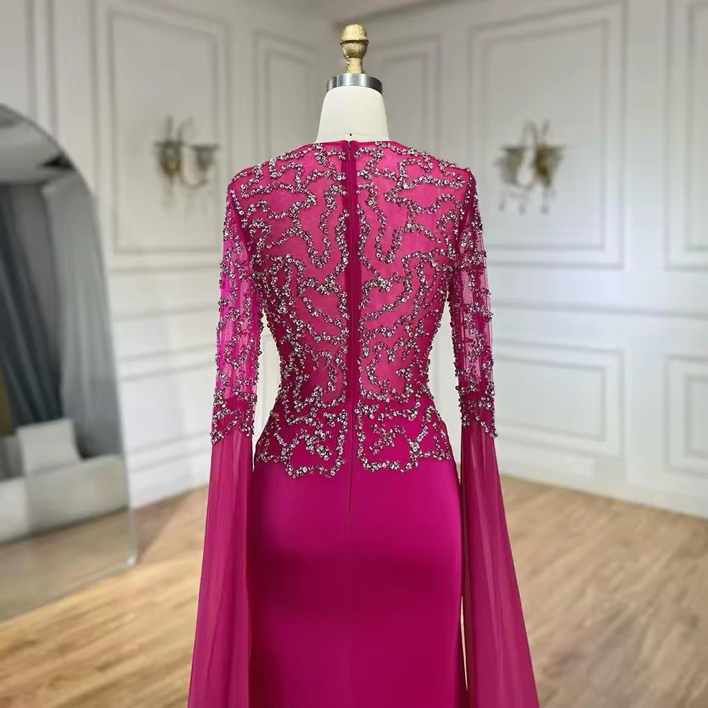 Fuchsia Mermaid Evening Dress, Beaded with Elegant Cape Sleeves