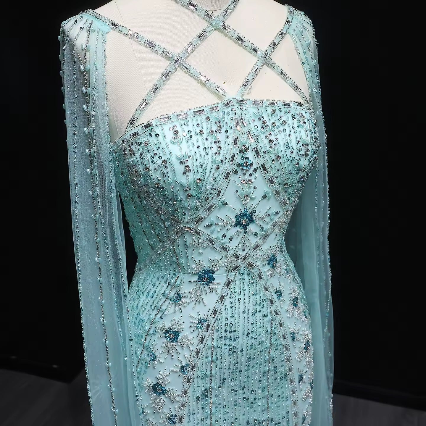 Elegant Beaded Gown with Open Sleeves and Crystal Detailing