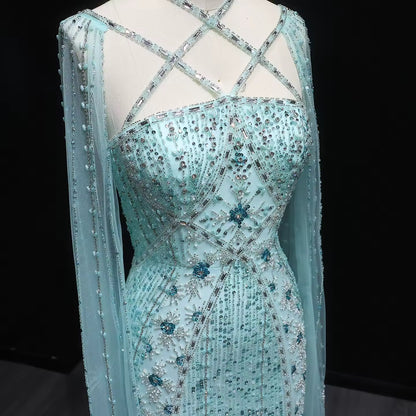 Elegant Beaded Gown with Open Sleeves and Crystal Detailing