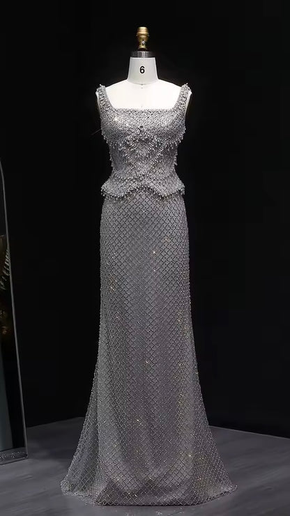 Luxury Beaded Crystal Long Straight Evening Dress