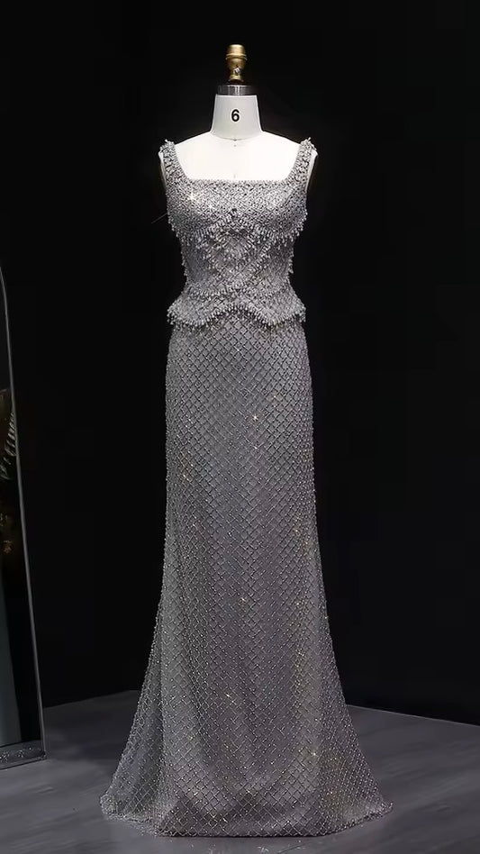 Luxury Beaded Crystal Long Straight Evening Dress