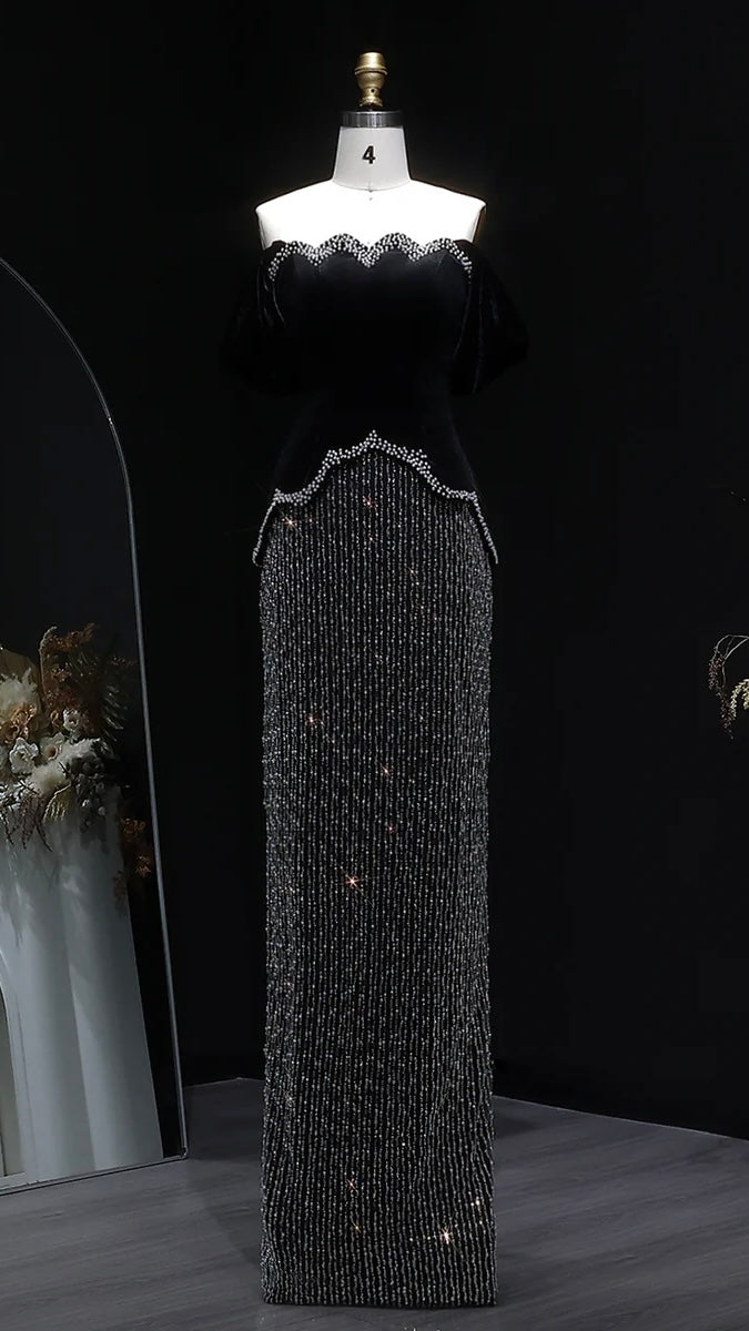 Black Velvet Pearl-Embellished Evening Gown