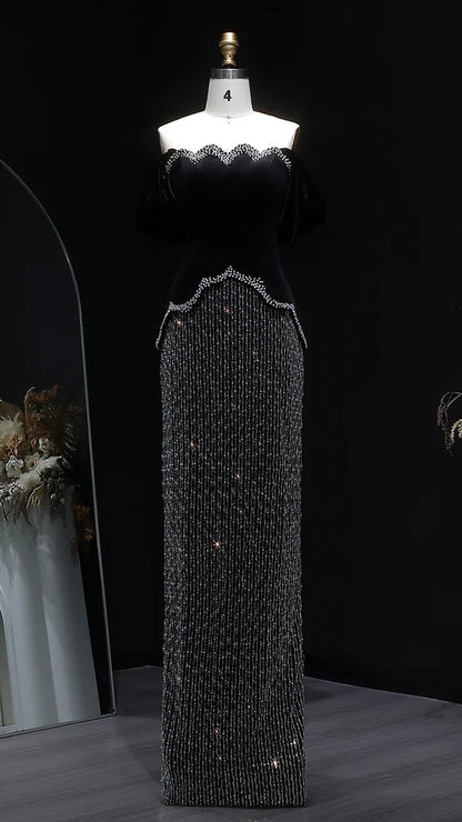 Black Velvet Pearl-Embellished Evening Gown