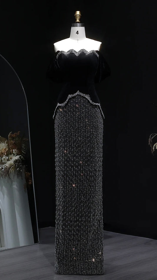 Black Velvet Pearl-Embellished Evening Gown