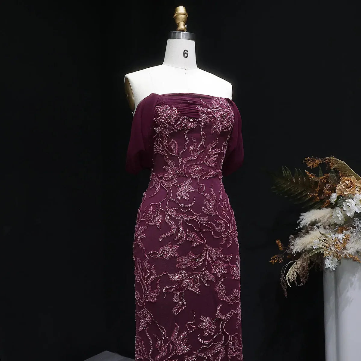 Burgundy "Orchid" Off-Shoulder Gown with Floral Crystal Embroidery and Satin Inset Train