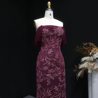 Burgundy "Orchid" Off-Shoulder Gown with Floral Crystal Embroidery and Satin Inset Train