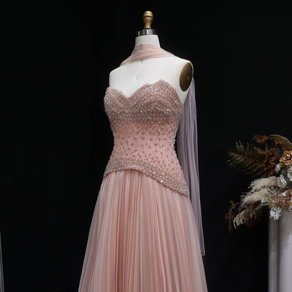 Luxury Dusty Pink Pearl Beaded A-Line Evening Dress With Scarf