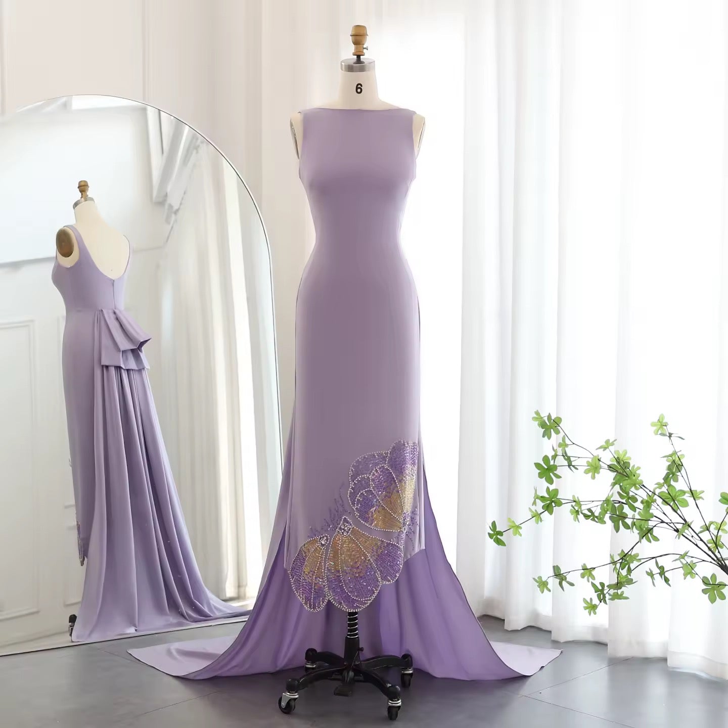 Elegant Fitted Gown with Beaded Butterfly Detail