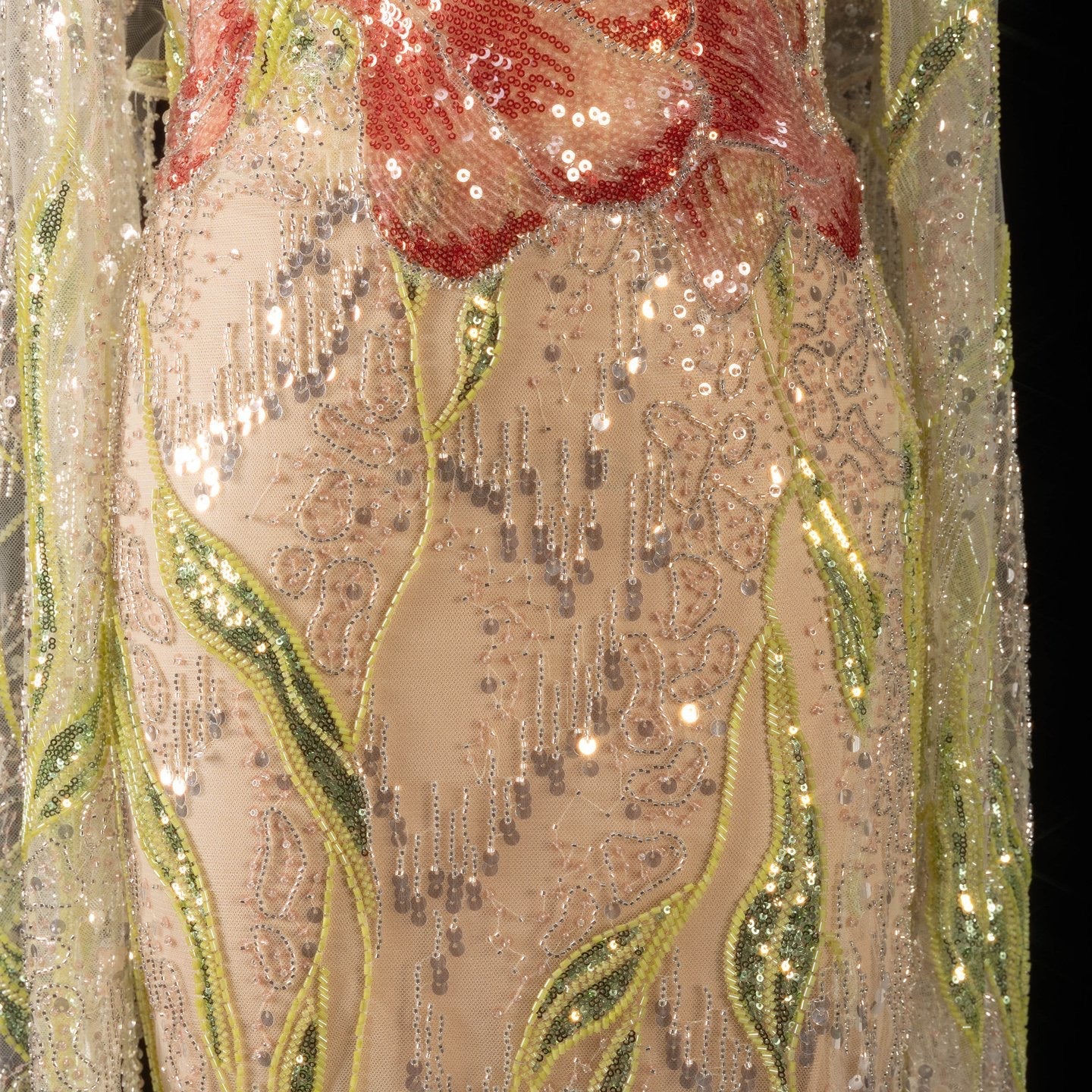 Floral Embroidered Crystal Gown with Fringed Cape Sleeves
