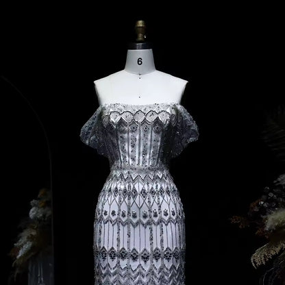 Crystal Glow” Gown – Off-shoulder embellished evening dress, available in two sleeve styles
