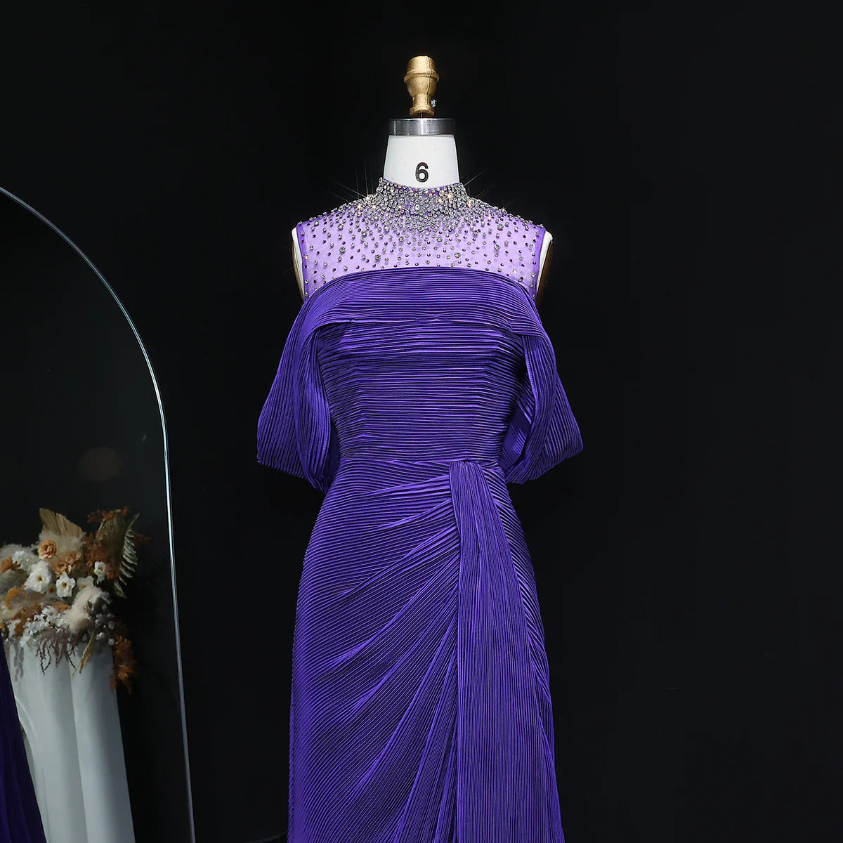 Crystal-Neckline Pleated Satin Gown