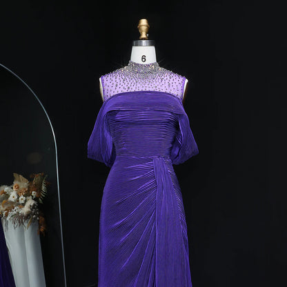 Crystal-Neckline Pleated Satin Gown
