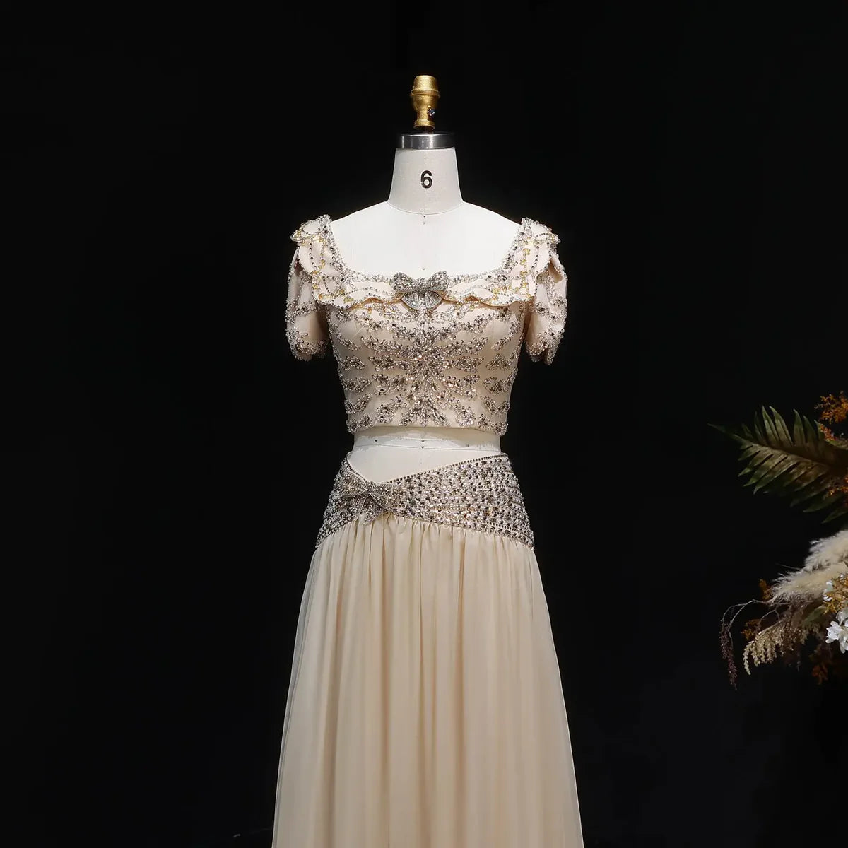 Elegant Fully Beaded Crop Top and Draped Skirt Set with Delicate Bows