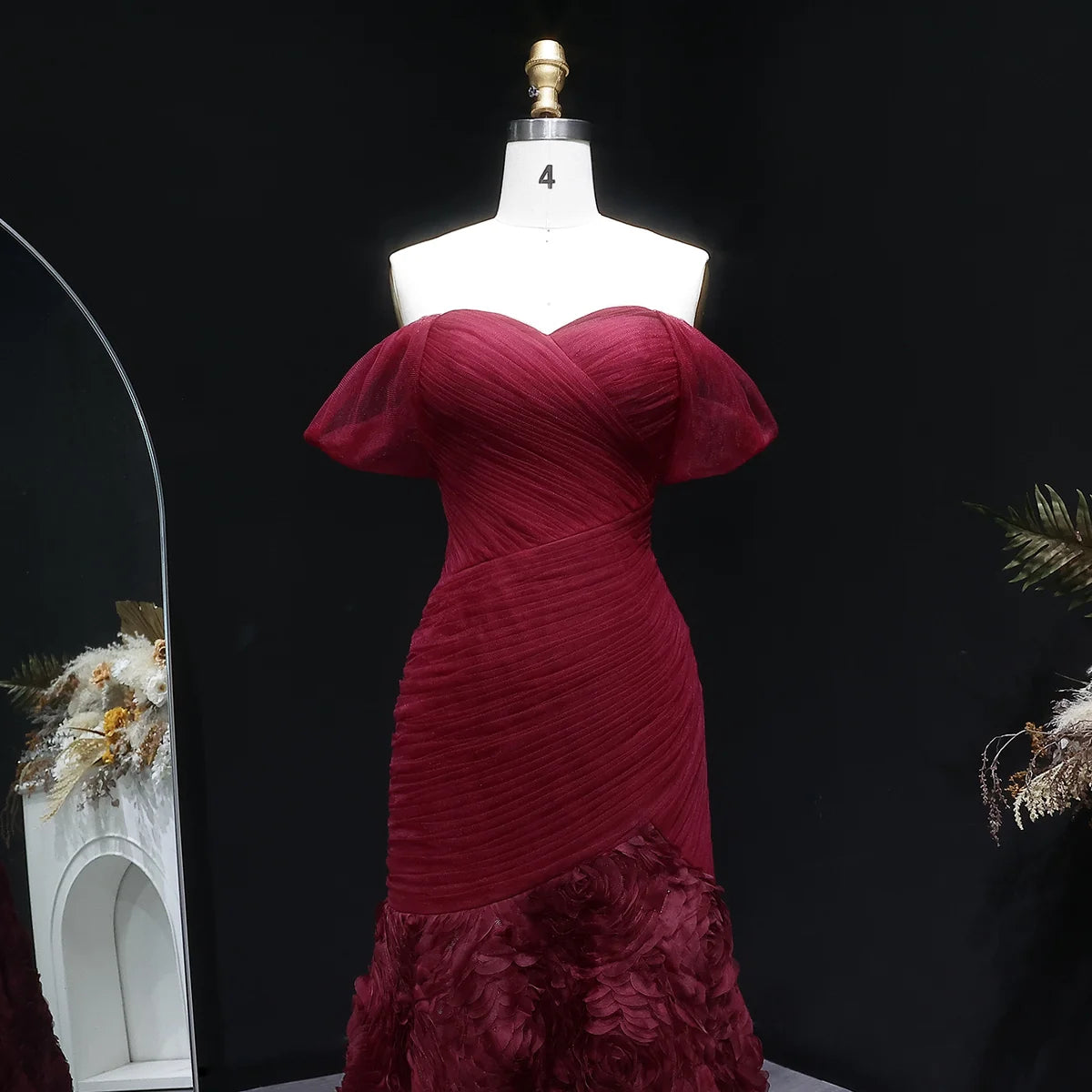 Burgundy Off-the-Shoulder Evening Gown with Ruched Bodice & 3D Rosettes