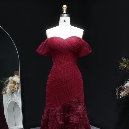 Burgundy Off-the-Shoulder Evening Gown with Ruched Bodice & 3D Rosettes