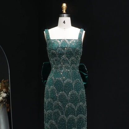 Emerald Crystal-Encrusted Gown with Back Satin Bow and Cathedral Train