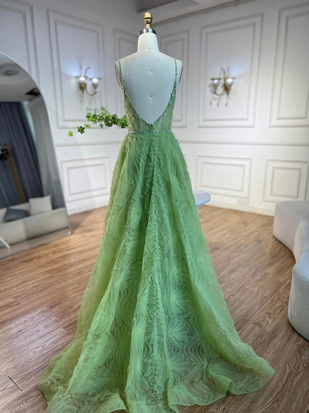 Sage Green Elegant Spaghetti Strap Backless A-Line Prom Dress