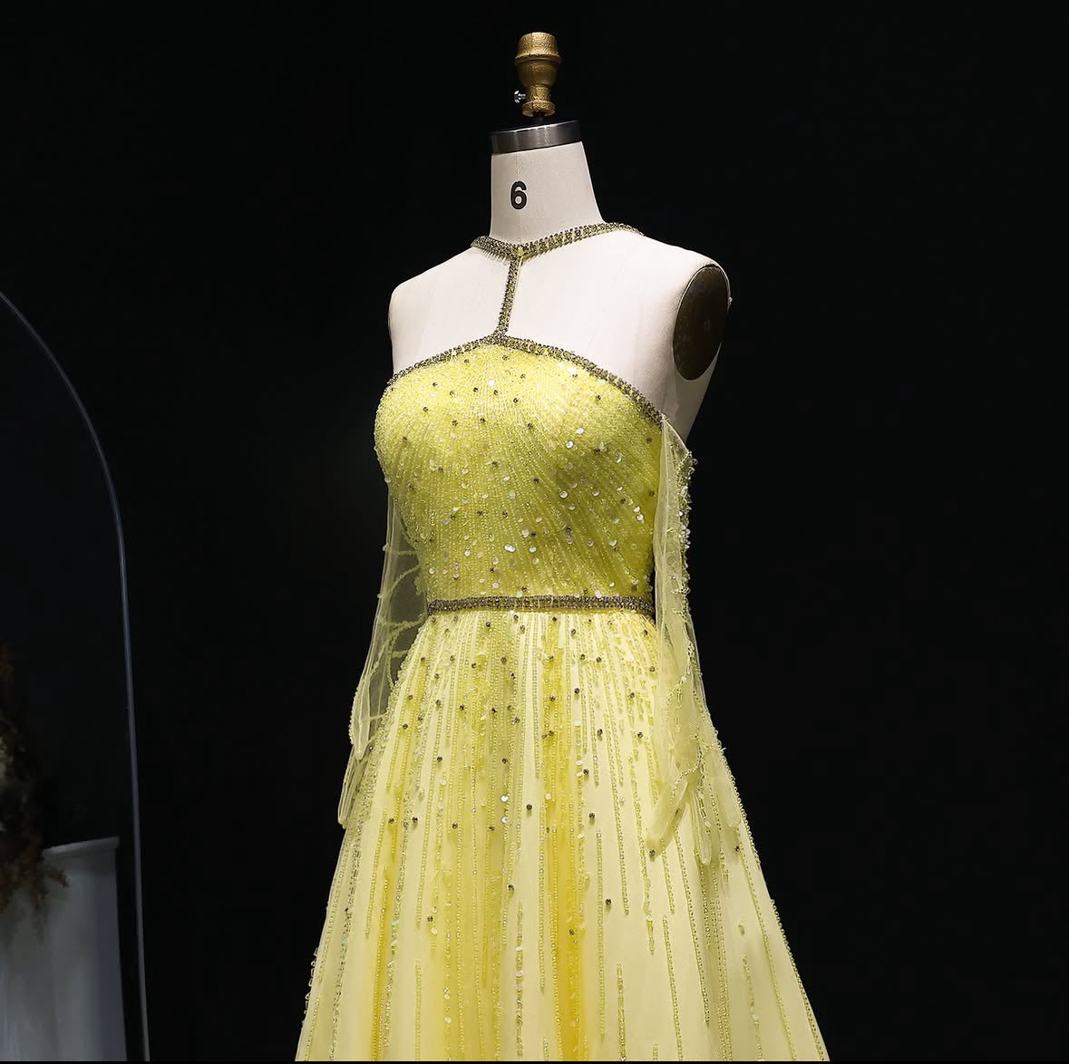 Yellow Beaded Dress with Gloves and Unique Neckline