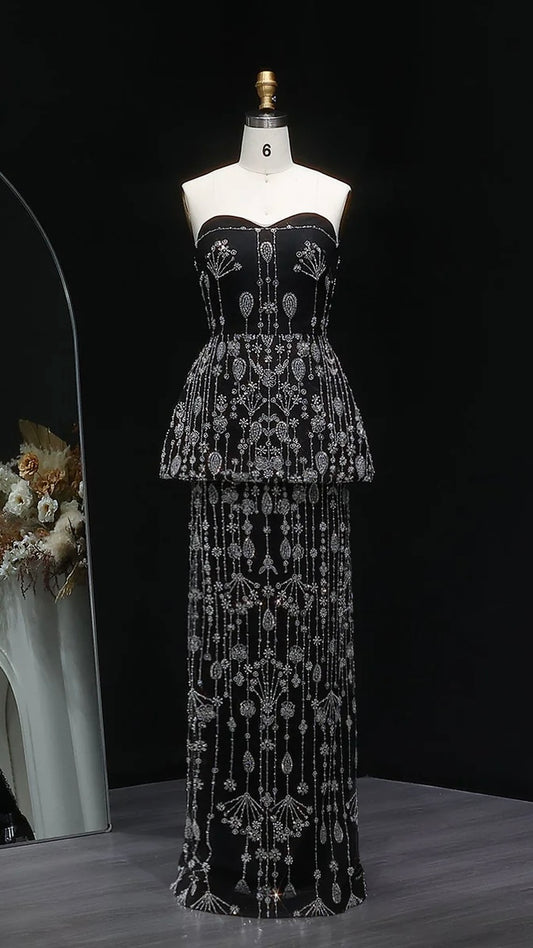 “Black Royale” Strapless Gown with Crystal Peplum and Full Embellished Skirt