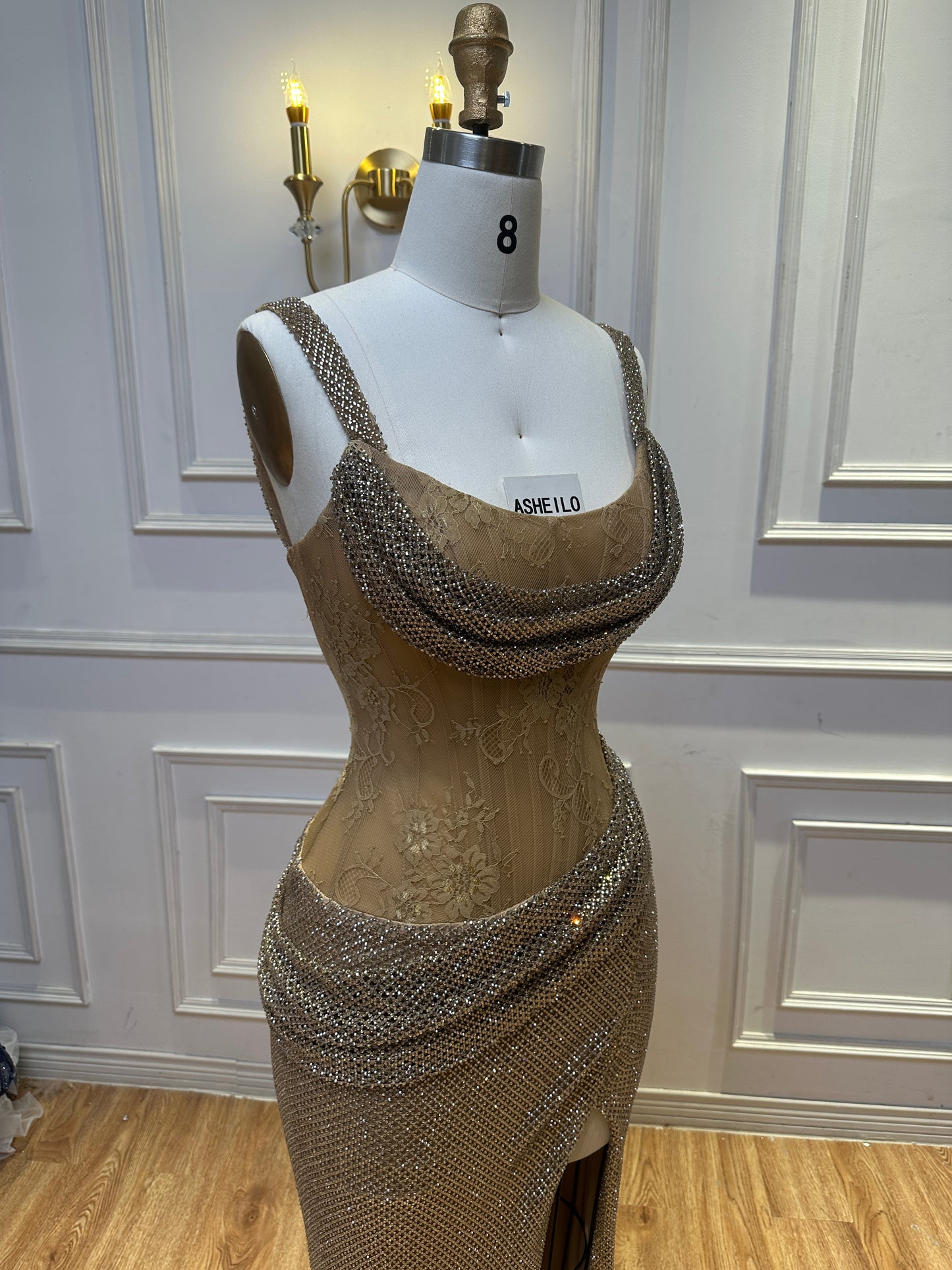 Elegant Beige Evening Dress with Shimmering Crystal Wrap and High Slit
