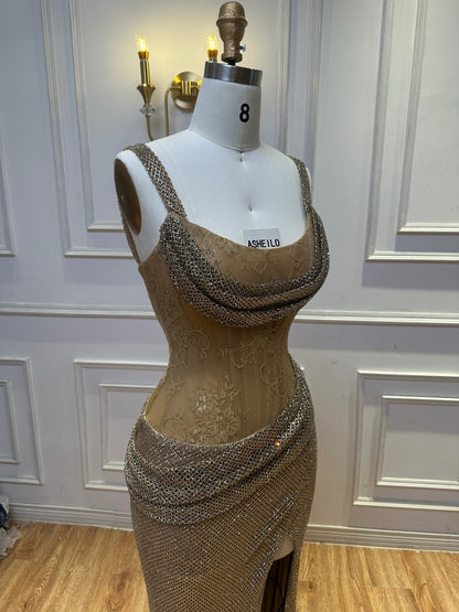 Elegant Beige Evening Dress with Shimmering Crystal Wrap and High Slit
