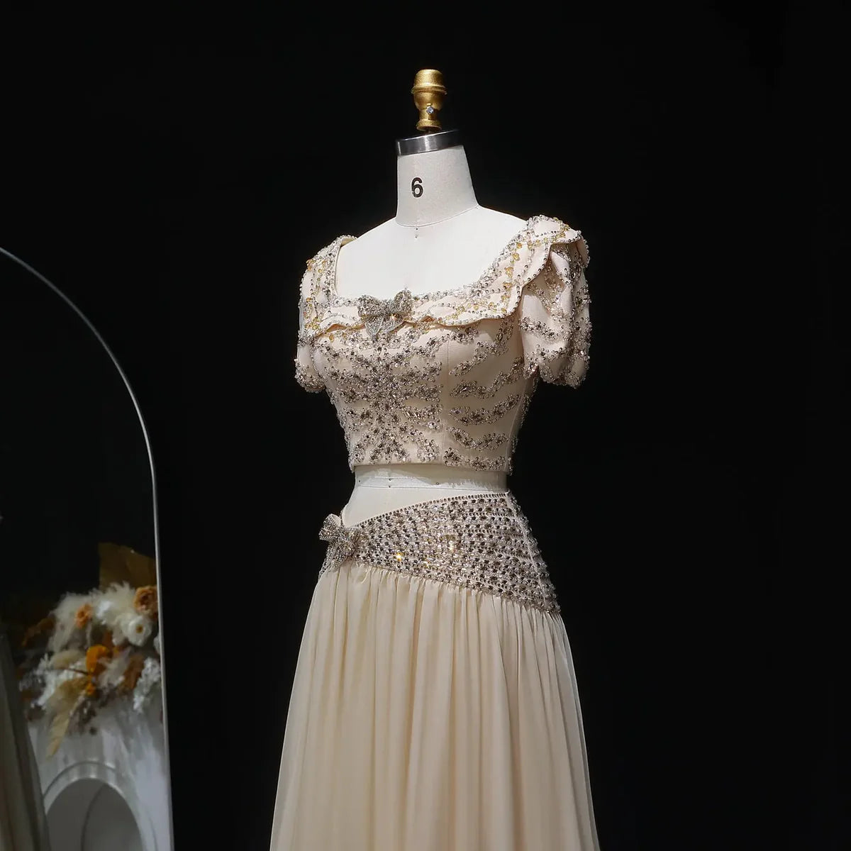 Elegant Fully Beaded Crop Top and Draped Skirt Set with Delicate Bows