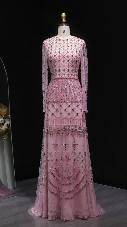 Pink Long-Sleeve Tiered Beaded Gown