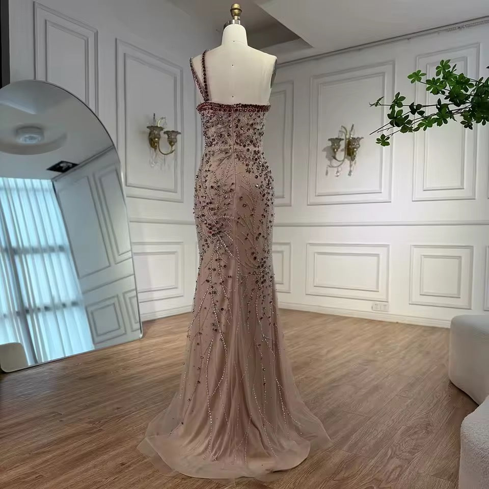 “Cherry Sparkle” Gown Red Crystal Beaded One-Shoulder Design