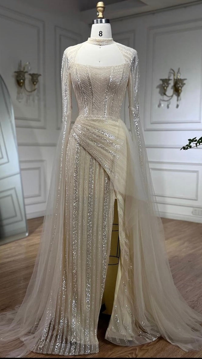 Evening Gowns Luxury Beaded High Split Cape Sleeves Long Dress