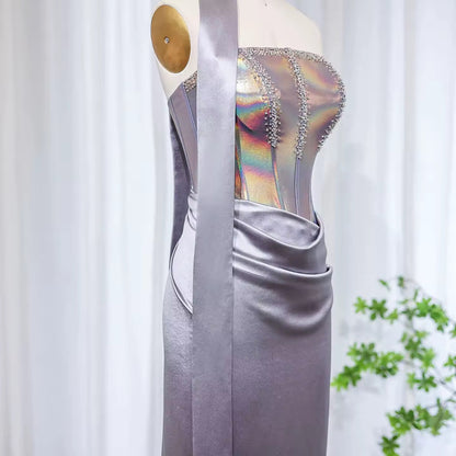 Elegant Strapless pink-Gray Satin Evening Dress with Scarf Luxury Crystal