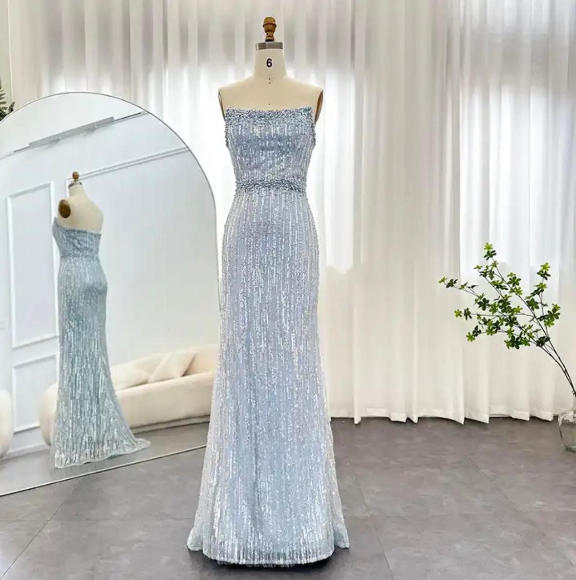 Light Blue Pearls Luxury Evening Dress