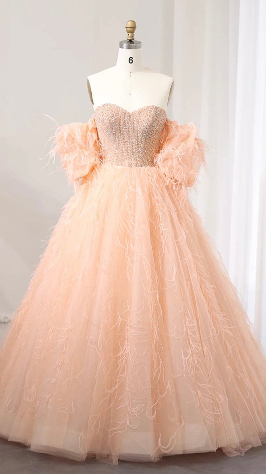 Luxury Feathers Ball Gown Coral Pink Evening Dress