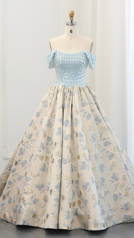 Elegant Off Shoulder Baby Blue Ball Gown Evening Dress