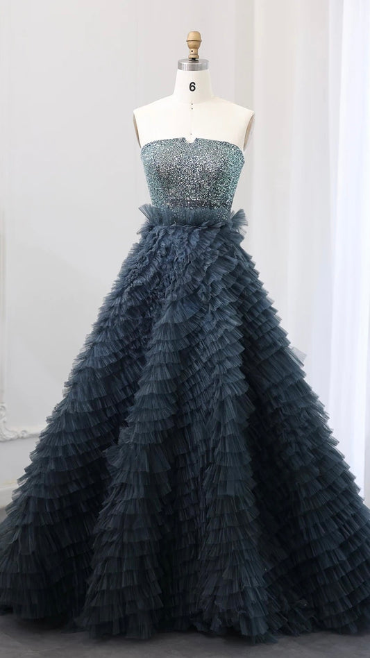 Luxury Beaded Blue Ball Gown Evening Dress